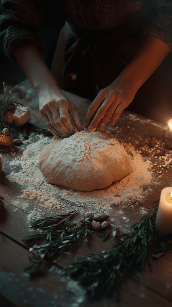 a sourdough loaf being made on a wooden counter