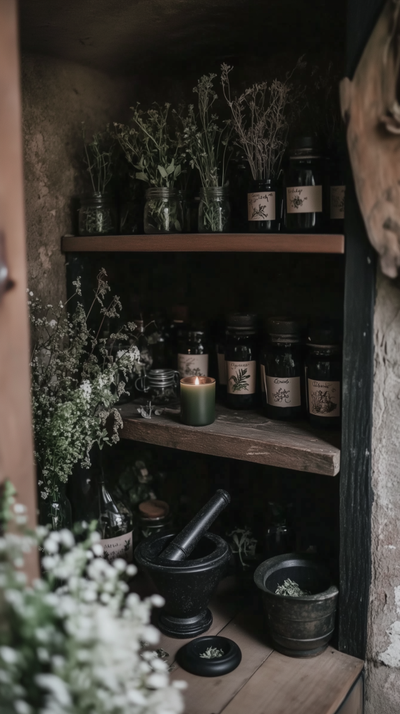 a kitchen altar shelf of herbs and and candle