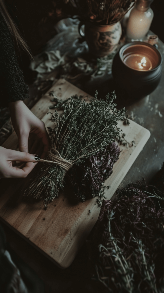 a bundle of dried herbs on a wooden cutting board being tied by a witch's hand