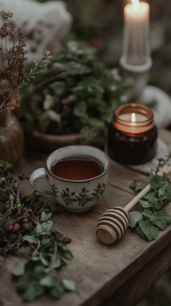 a cup of tea on a rustic wooden table surrounded by fresh herbs and greenery