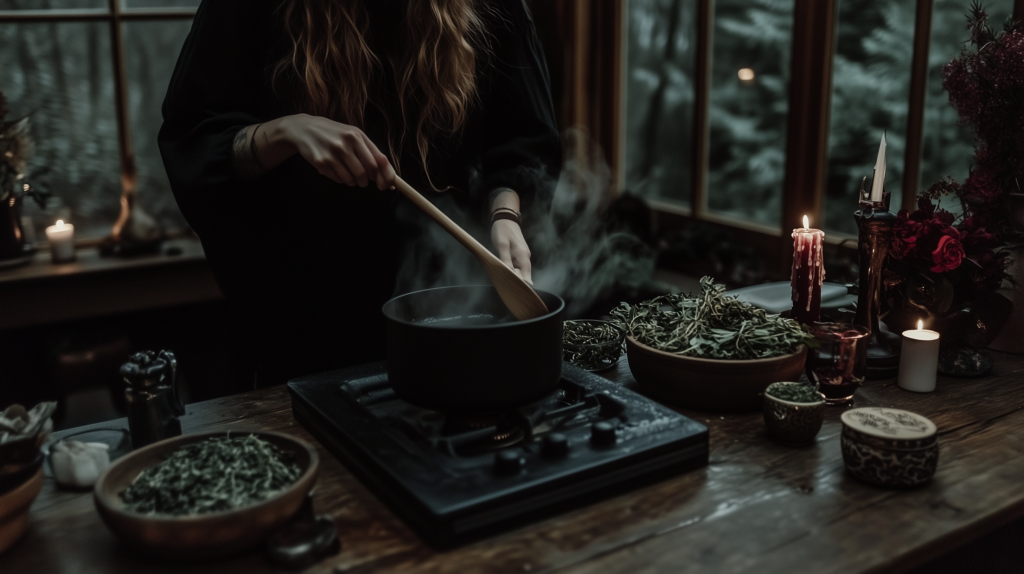 a witchy woman in a kitchen stirring a pot surrounded by herbs and candles