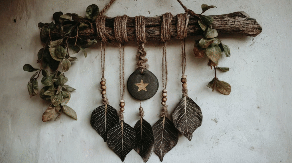 Rustic wall hanging with leaves, star charm, and twine on a branch, accented with greenery for bohemian decor.