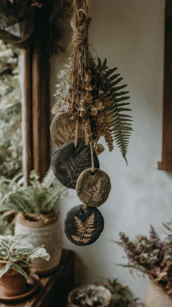 Hanging botanical clay ornaments with fern imprints, surrounded by dried flowers, in a rustic indoor setting.