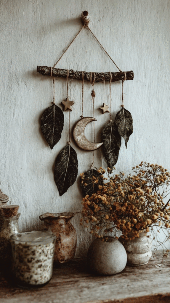 Handmade boho wall decor with leaves, stars, and moon, rustic pots, and dried flowers on a wooden shelf.