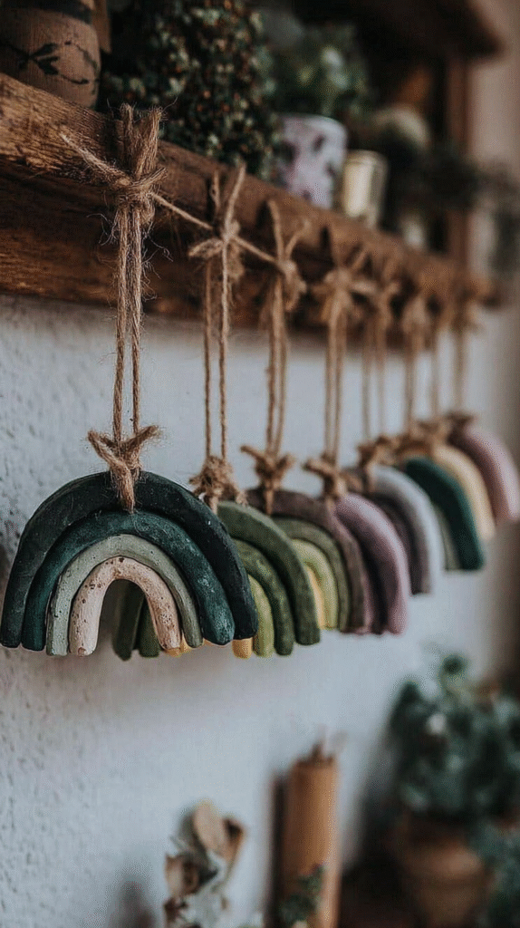 Hanging clay rainbow decorations on rustic shelf with greenery in cozy room setting.