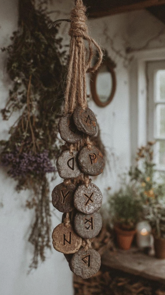 Hanging rune stones with ancient symbols on a rope in a rustic, herb-filled room.