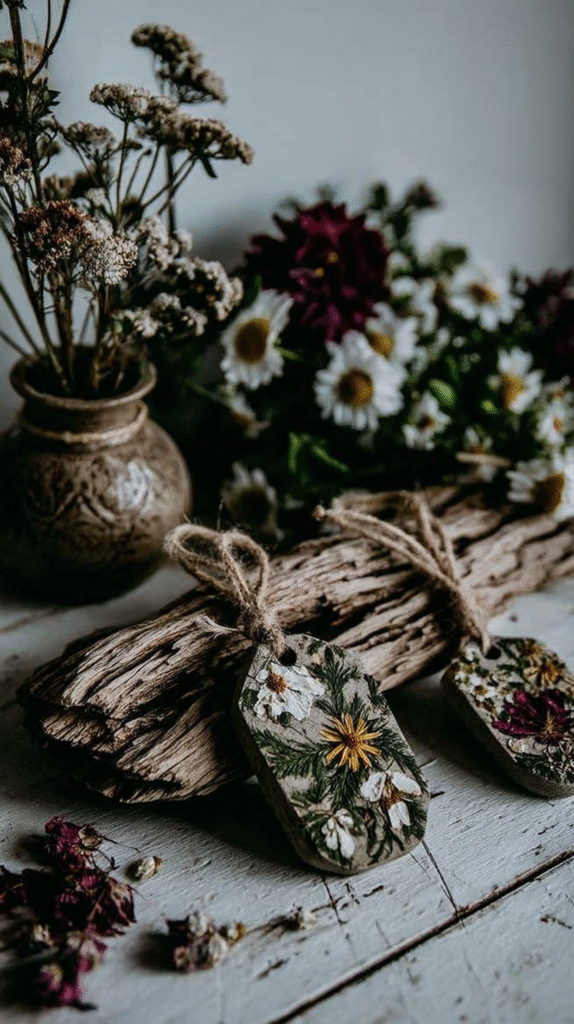 Rustic decor: dried flowers in pottery vase and floral wood tags on weathered wood, creating a vintage aesthetic.