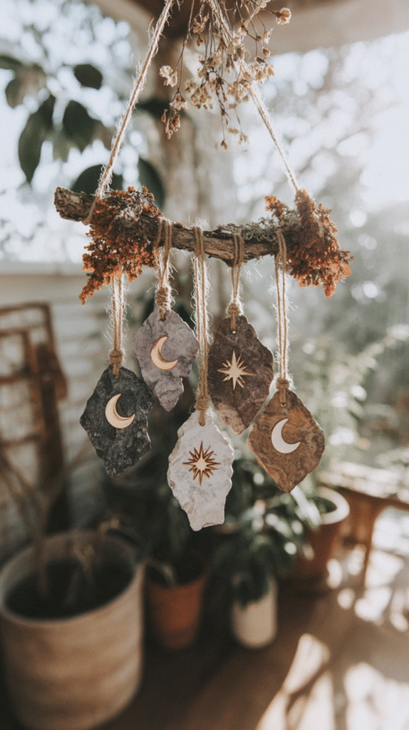 Hanging stone art pieces with moon and star designs, suspended from a branch with dried flowers.