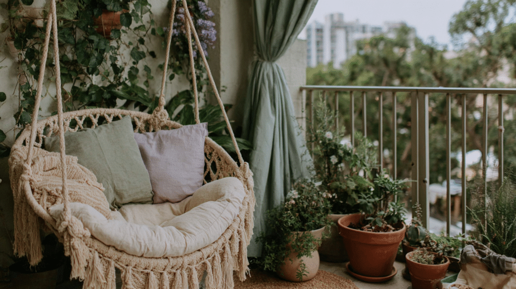 Cozy balcony nook with a hanging chair, cushions, and potted plants, perfect for relaxation and enjoying nature.