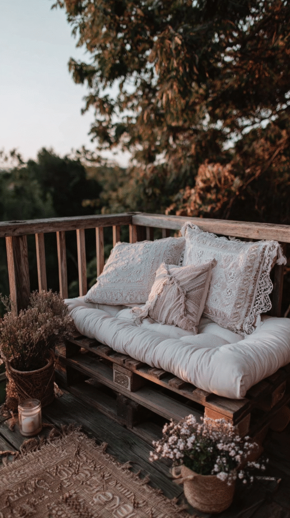 Cozy outdoor pallet sofa with cushions on a wooden deck, surrounded by plants at sunset.