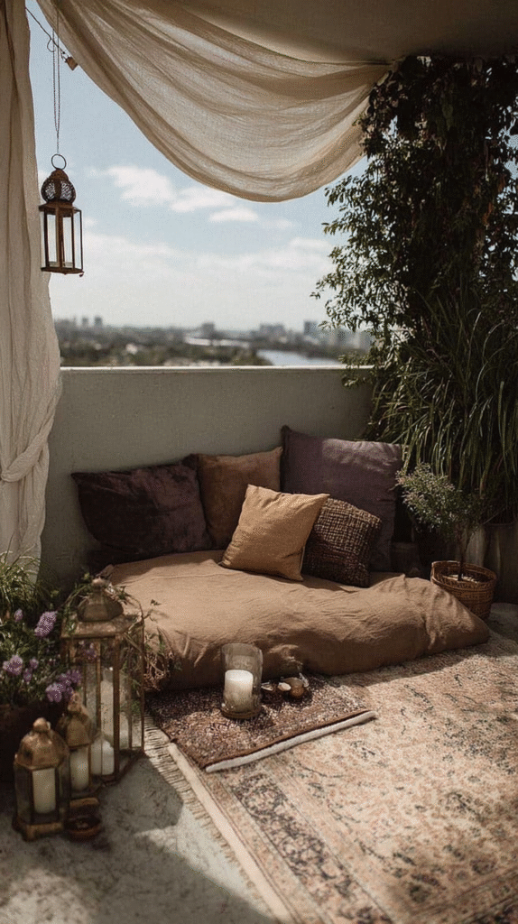 Cozy balcony nook with cushions, lanterns, and plants overlooking cityscape. Perfect for relaxation and outdoor lounging.