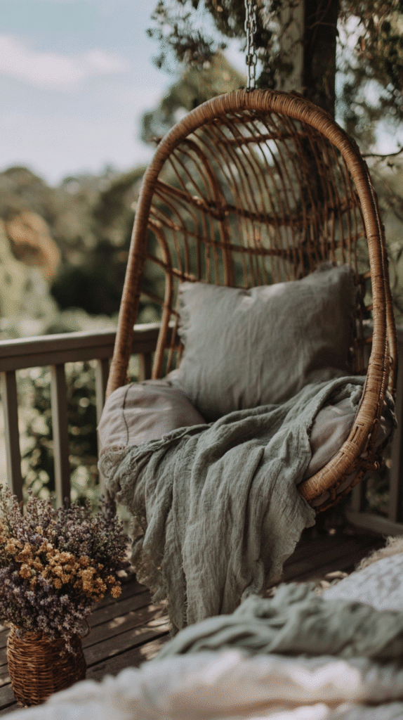 Cozy patio with hanging wicker chair, soft cushion, and blanket, surrounded by nature and wildflowers in a vase.