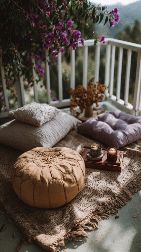 Cozy outdoor seating with cushions and candles on a patio, surrounded by vibrant purple flowers and scenic views.