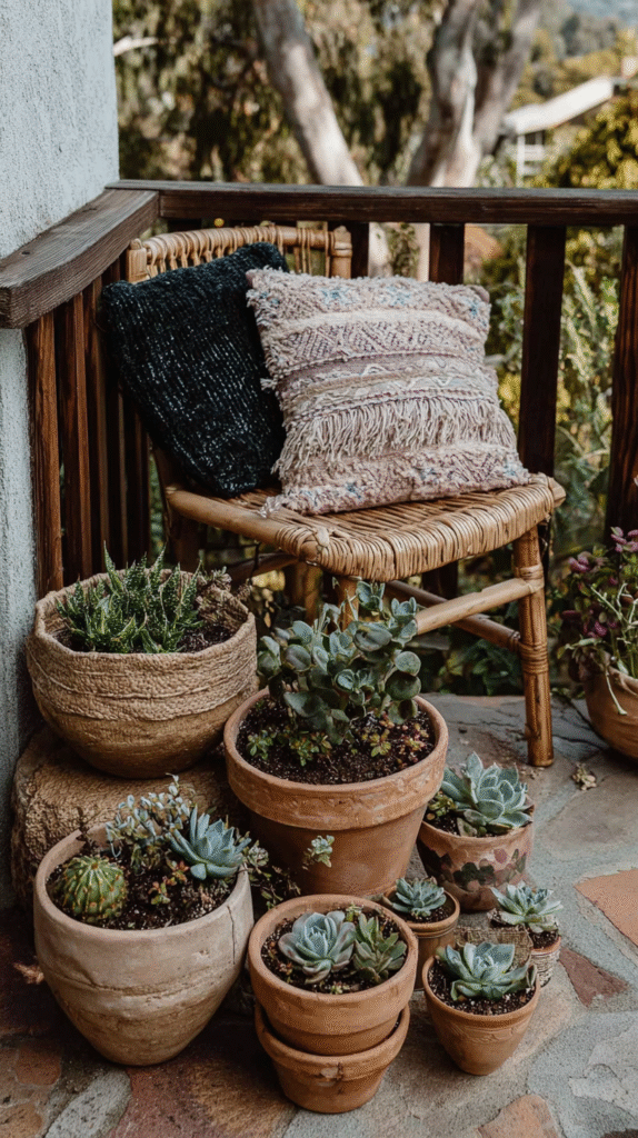 Cozy patio corner with wicker chair, cushions, and various potted succulents for a serene outdoor vibe.