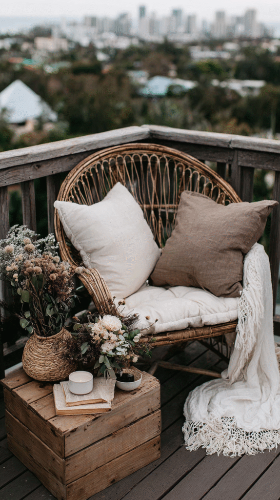 Cozy wicker chair with cushions on a balcony, beside rustic table with flowers, books, and candle, overlooking cityscape.