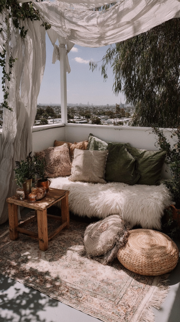 Cozy boho balcony with pillows, plants, and soft drapes under a sunny sky. Perfect outdoor relaxation corner.