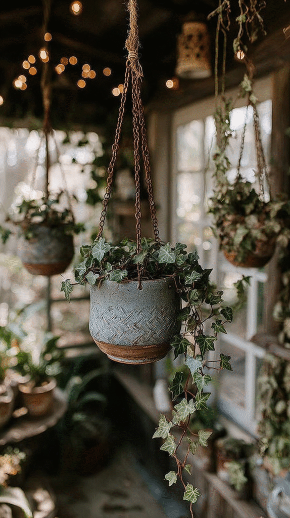Hanging ivy plant in rustic pot, surrounded by fairy lights in cozy garden setting.