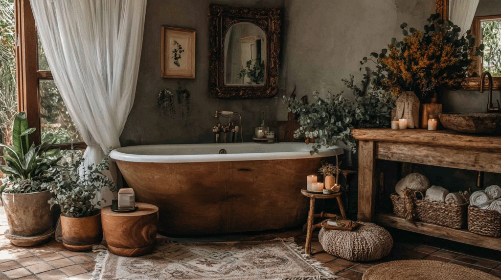 Cozy rustic bathroom with vintage bathtub, wooden furniture, plants, candles, and natural light filtering through curtains.