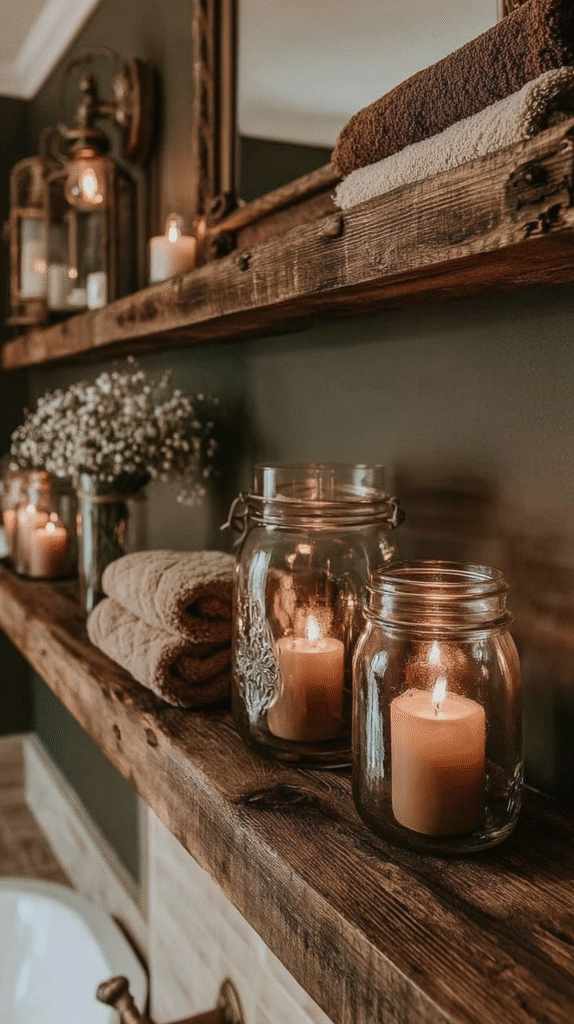 Cozy rustic bathroom shelf with candles, folded towels, and flowers in warm lighting ambiance.
