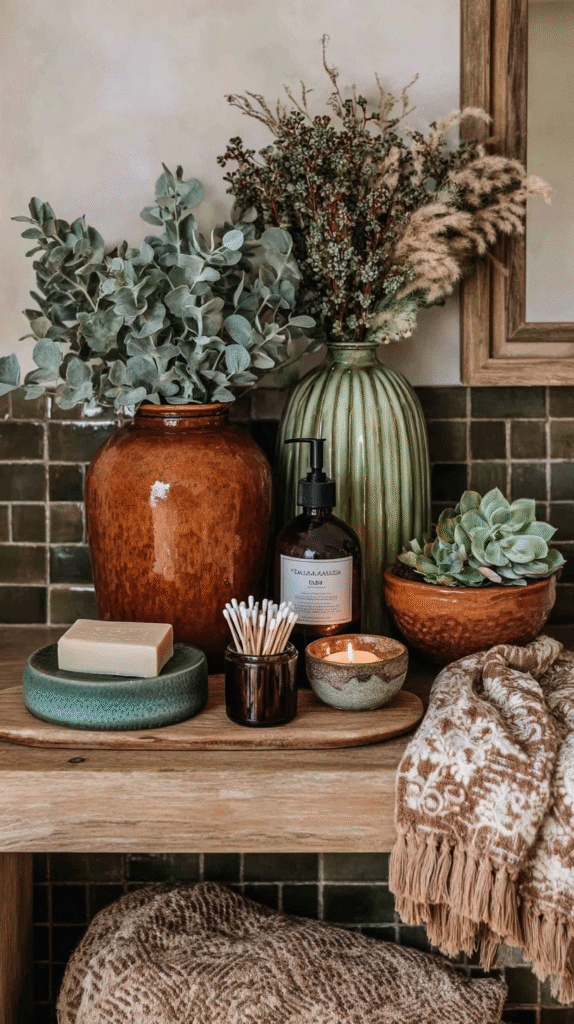 Rustic bathroom decor with greenery, candle, soap, and cozy textiles on a wooden shelf.