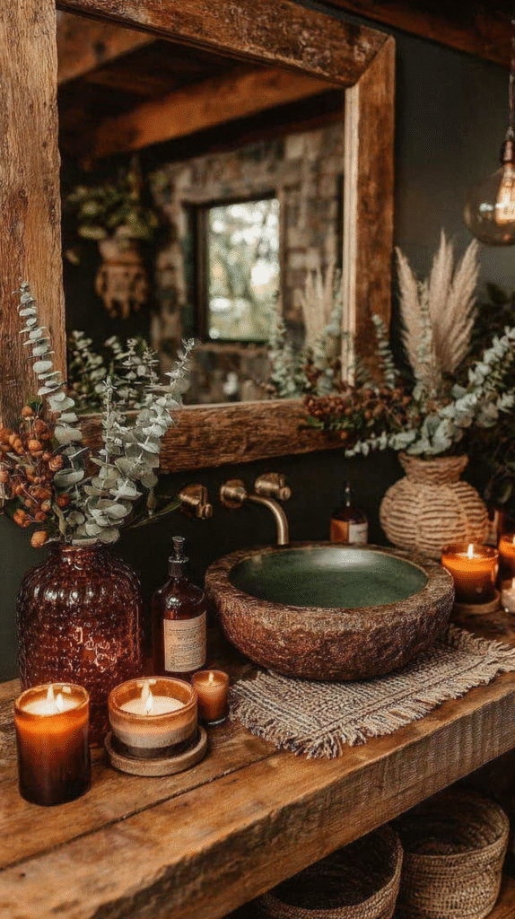 Rustic bathroom decor with wooden sink, candles, and greenery for a cozy, earthy ambiance.