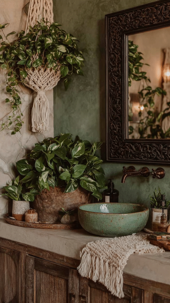 Bohemian bathroom with green plants, rustic mirror, and stone basin, creating a natural, serene ambiance.