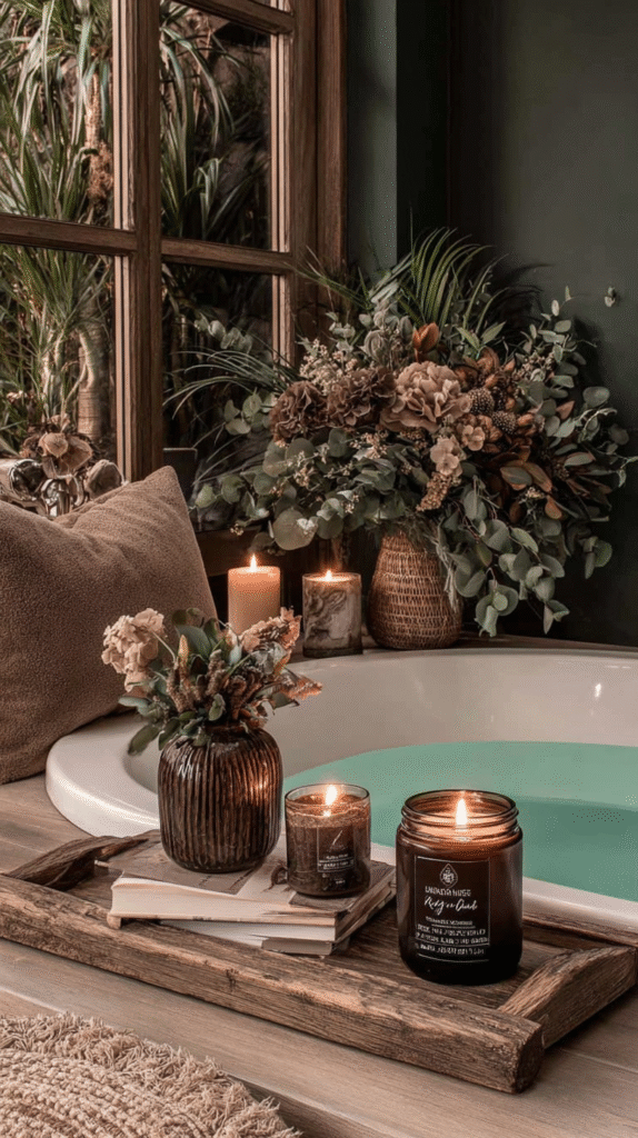 Cozy spa-like bathroom with lit candles, lush plants, and a green bath, creating a tranquil and inviting ambiance.