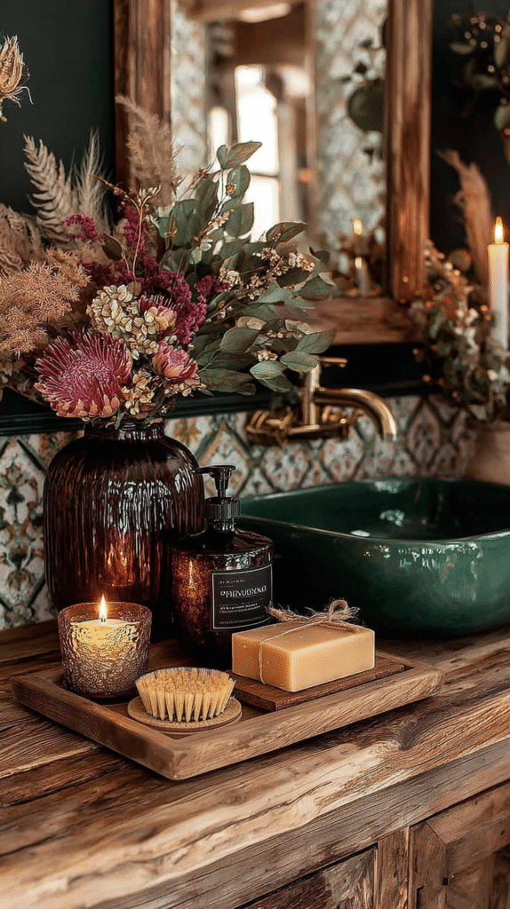Rustic bathroom decor with floral arrangement, candle, soap, and green basin on a wooden countertop. Warm, cozy ambiance.