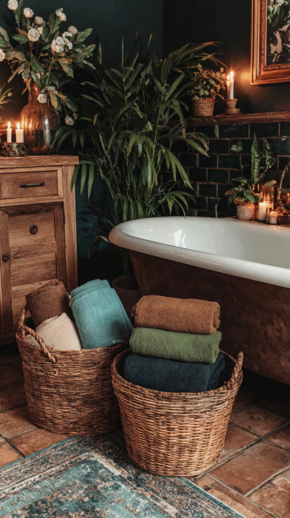 Cozy bathroom with wicker baskets, colorful towels, candles, and plants creating a warm, inviting atmosphere.