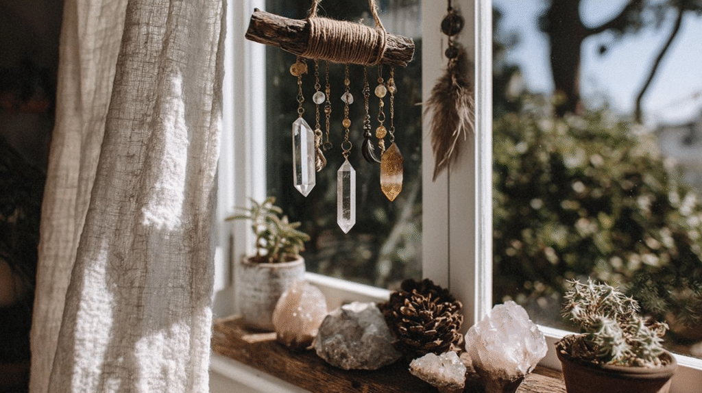 Hanging crystals and potted plants on a sunlit windowsill create a serene, natural ambiance in the room.