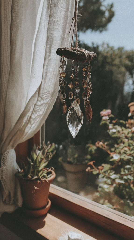 Crystal sun catcher hanging by window with plants, catching sunlight. Cozy, natural decor in a sunlit room.