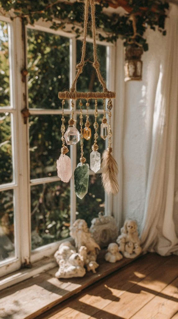 boho-witchy-crystal-suncatcher4 Boho hanging crystal decor by sunlit window, featuring various gemstones and feather.