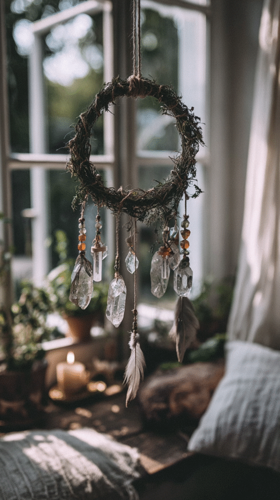 Rustic dreamcatcher with crystals and feathers by sunny window, home decor with cozy ambiance.