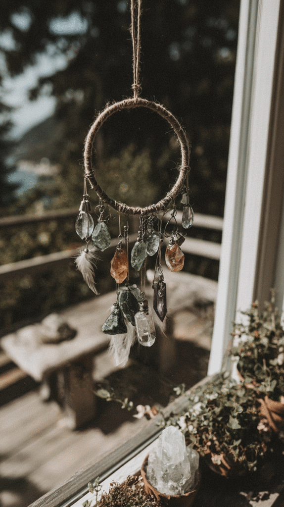 Boho crystal sun catcher with feathers hanging by a window, surrounded by greenery and sunlight.