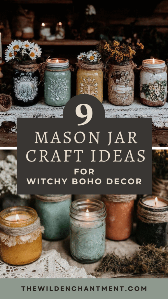 9 Mason jar craft ideas for witchy boho decor with candles and flowers on lace