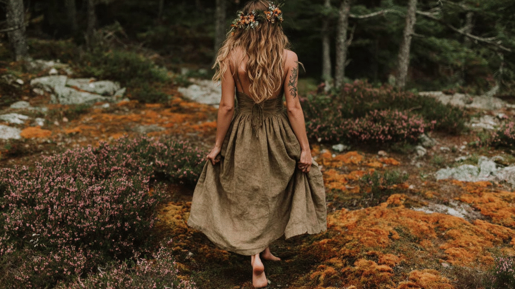 Woman in earthy dress and floral crown walking through a vibrant woodland, surrounded by orange moss and pink flowers.