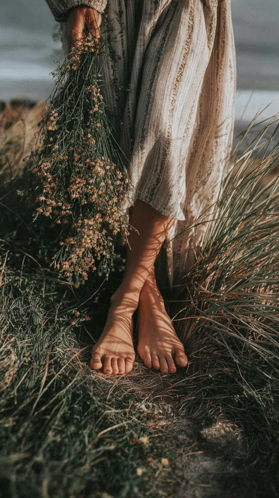 connect-nature-nervous-system-grounding Barefoot woman in a flowing dress holding wildflowers, standing on grassy meadow.