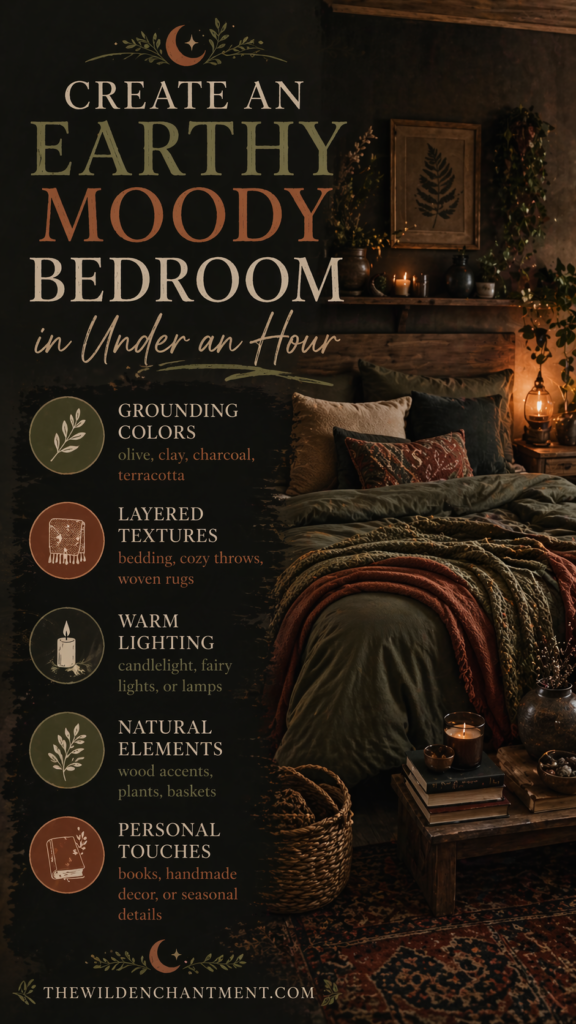 cozy-earthy-moody-bedroom-ideas Earthy moody bedroom decor guide: olive and terracotta palette, layered textures, warm lighting, plants and wood accents.