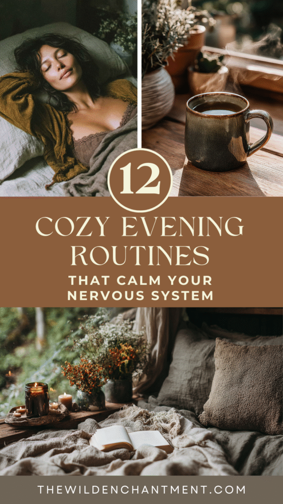 Cozy evening routines for relaxation: woman resting, steaming coffee, candles, and an open book on a bed.