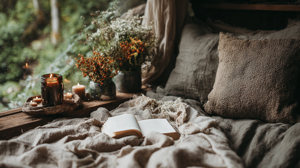 Cozy nook with open book, candles, and flowers by a window, creating a relaxing and inviting atmosphere.