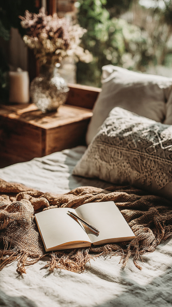 Cozy bedroom setting with an open notebook and pen on a blanket, near a window with flowers in soft natural light.