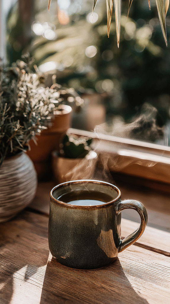Steaming cup of coffee on a wooden table in a sunlit room with plants. Cozy morning atmosphere.