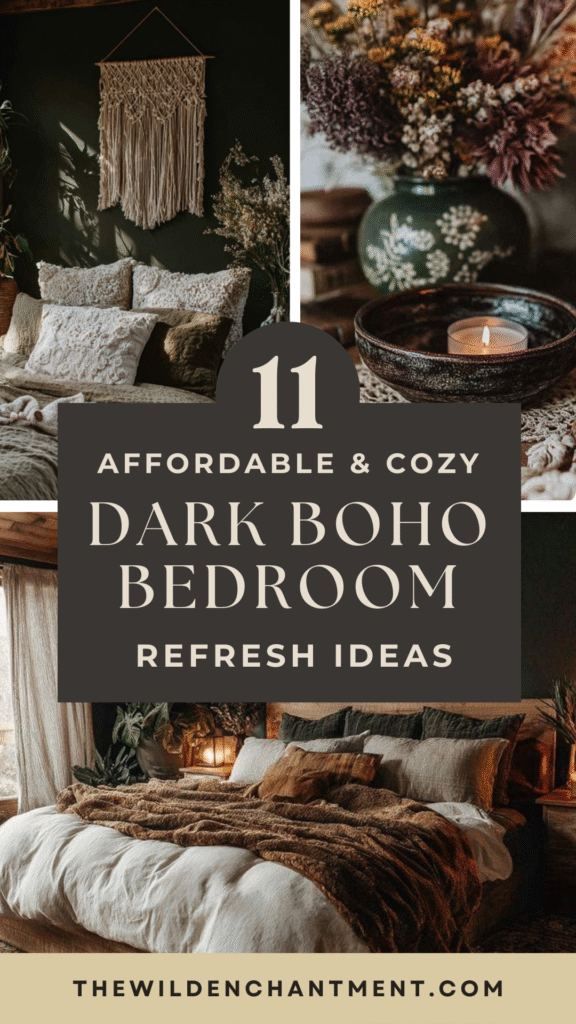 dark-boho-bedroom-refresh-ideas 11 cozy dark boho bedroom ideas featuring earthy tones, textured decor, and warm lighting.
