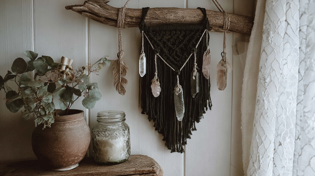 Rustic wall decor with crystals and feathers on driftwood, beside potted plant and lace curtains. Bohemian style.