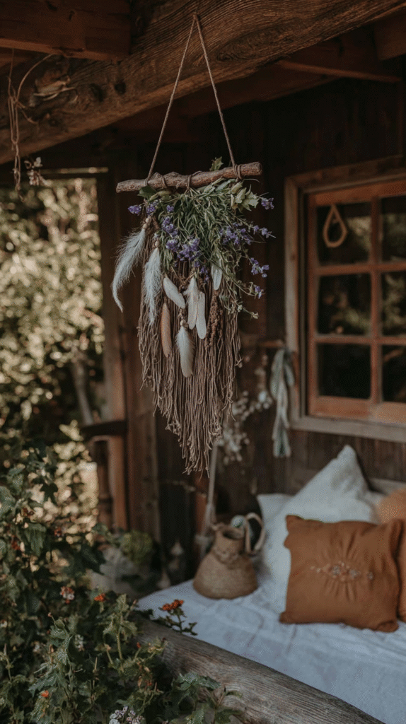 Rustic boho hanging decor with feathers and lavender outside a cozy cabin, with woven basket on a bench nearby.