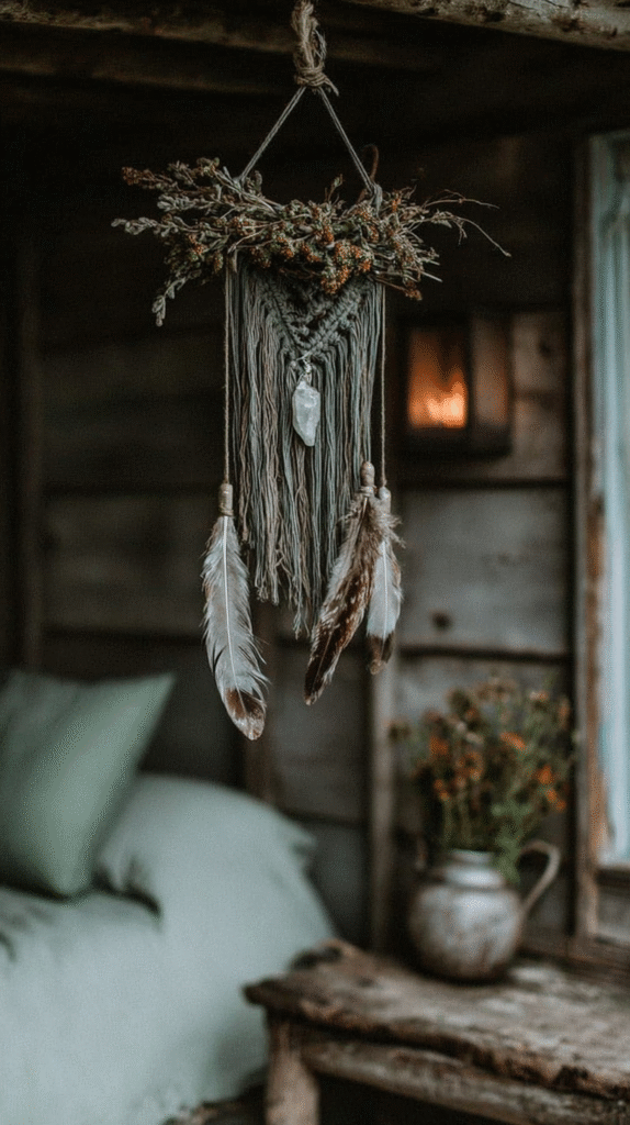 Rustic boho dreamcatcher with feathers and crystals hanging in a cozy wooden cabin interior for a serene vibe.