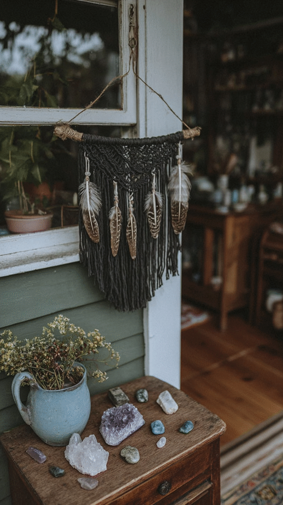 Macramé wall hanging with feathers, crystals, and wildflowers on rustic table, boho decor vibe.