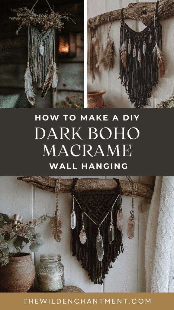 DIY Dark Boho Macrame Wall Hanging Guide with Feather and Crystal Accents. Rustic Decor Inspiration.