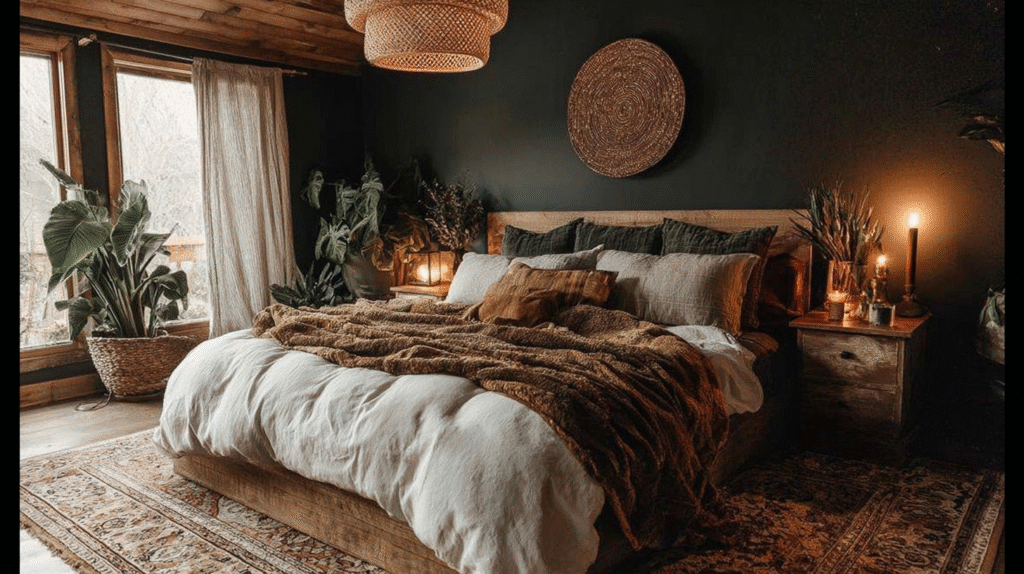 Cozy boho bedroom with rustic decor, green plants, woven light fixture, and warm brown accents.