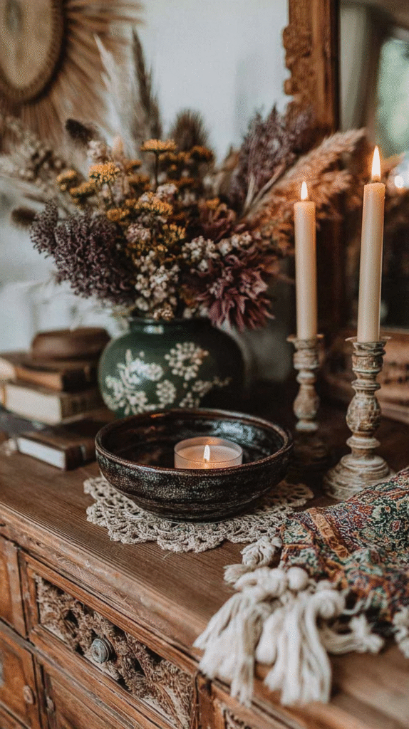 dark-boho-refresh-ideas-dark-items Rustic wooden table with a lit candle, floral vase, and decorative textiles for cozy home decor.